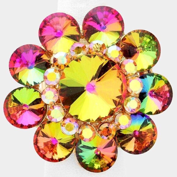 Flower Oil Spill Vitrail Round Crystal Stretch Ring NWT - Picture 3 of 5